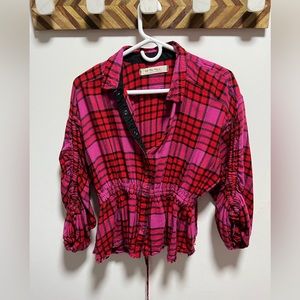 Pink & Red Flannel Top with cinched waist